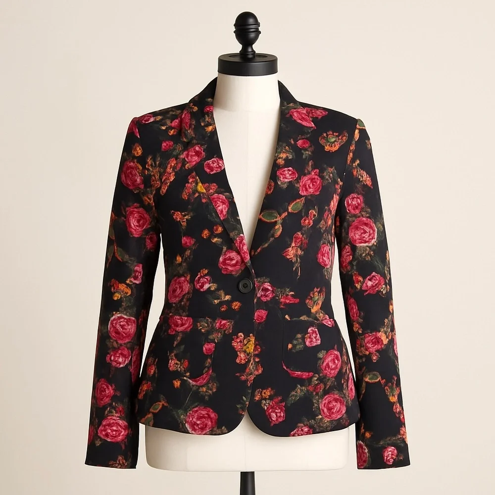 ModCloth Black Floral Blazer with Pink and Red Roses - Picture 2 of 8